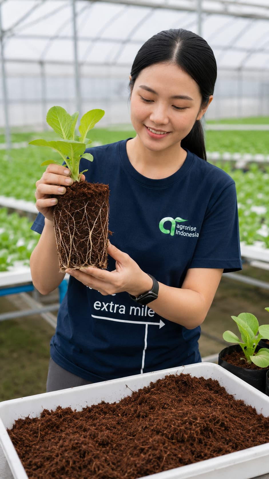 Leafy seedling held up to show a dense white root system that has fully colonised a block of cocopeat growing medium.