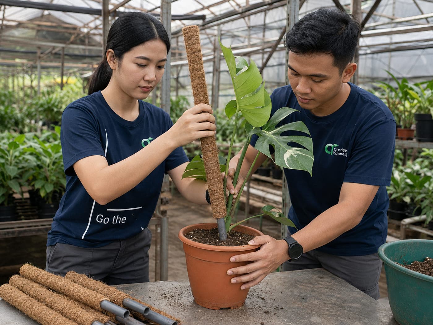 Agrorise Indonesia team members setting a coir moss pole into a terracotta pot with a young climbing plant.