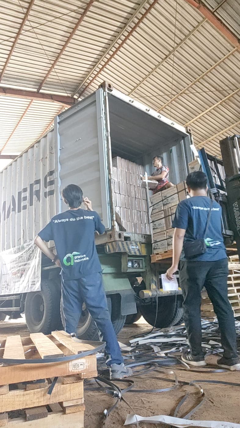 Two Agrorise Indonesia team members working at the open doors of a container during loading.