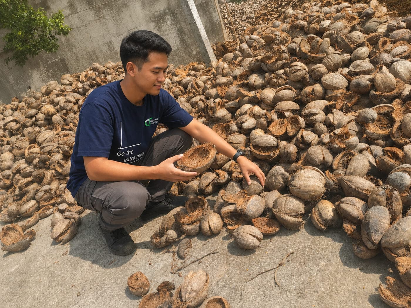 Agrorise Indonesia team member crouching beside loose coconut husks in the yard, turning one over by hand.