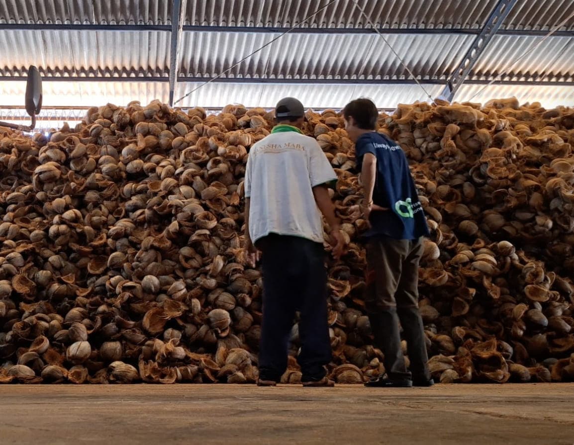 Two workers standing in front of a very large indoor bank of coconut husks.