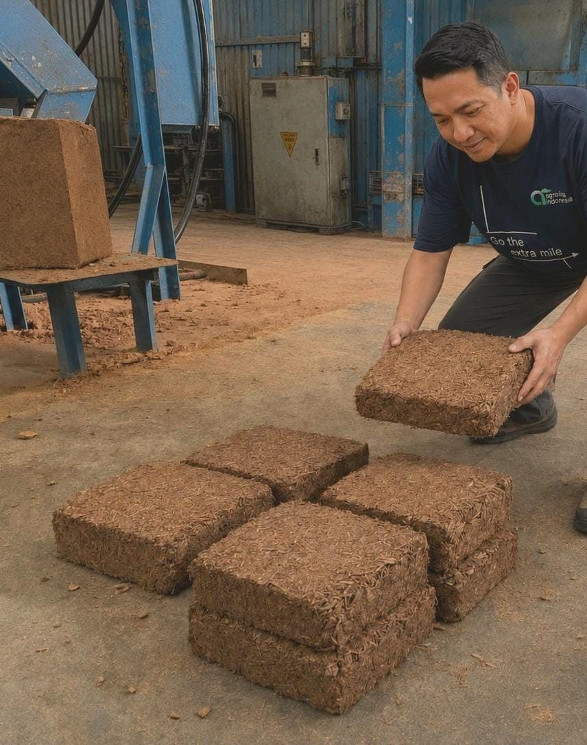 Worker lifting a compressed coco husk chips block, with finished blocks on the ground.