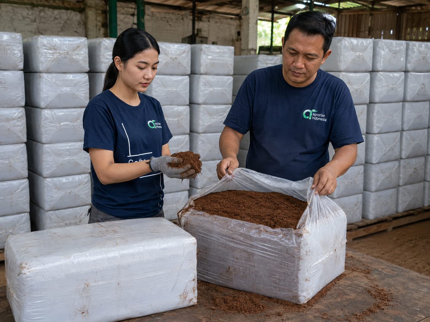 Two Agrorise Indonesia team members looking at cocopeat inside an opened bag, with a sealed bag beside it.