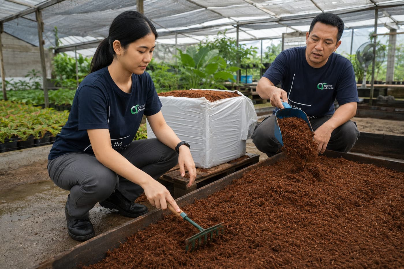 Two Agrorise Indonesia team members raking loose cocopeat from an opened bag across a nursery bed.