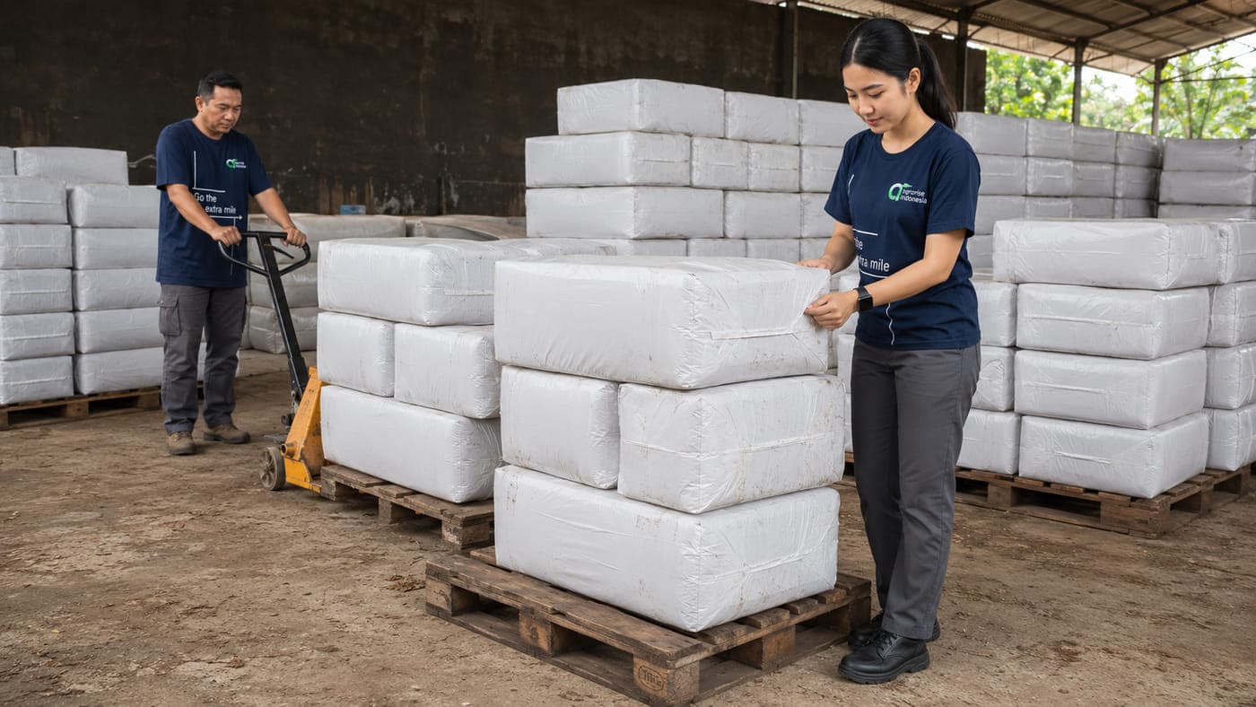 Pallets of wrapped cocopeat bags stacked in a covered store, with two Agrorise Indonesia team members alongside.