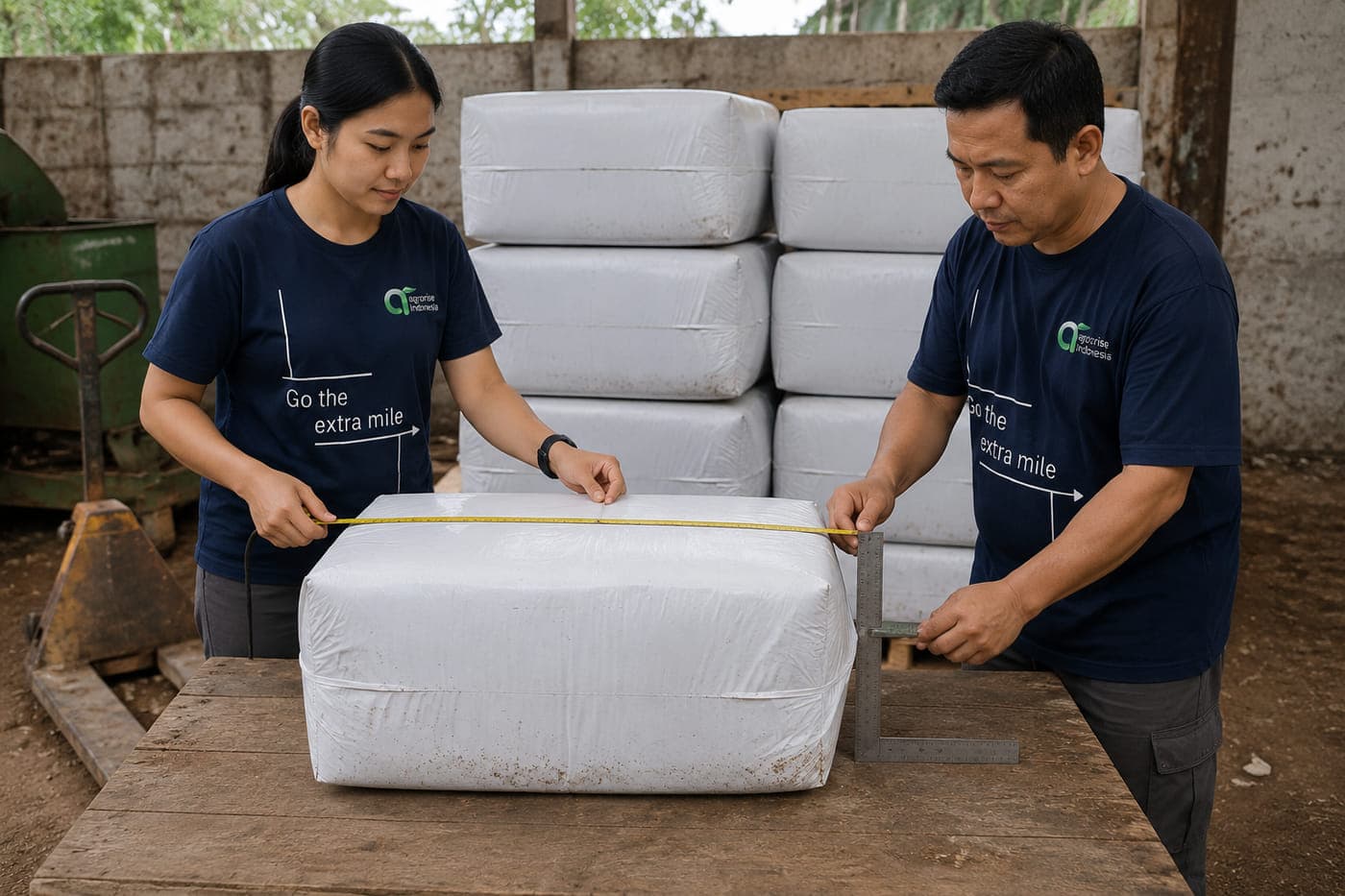 Agrorise Indonesia team members strapping a wrapped cocopeat bag on a work bench.