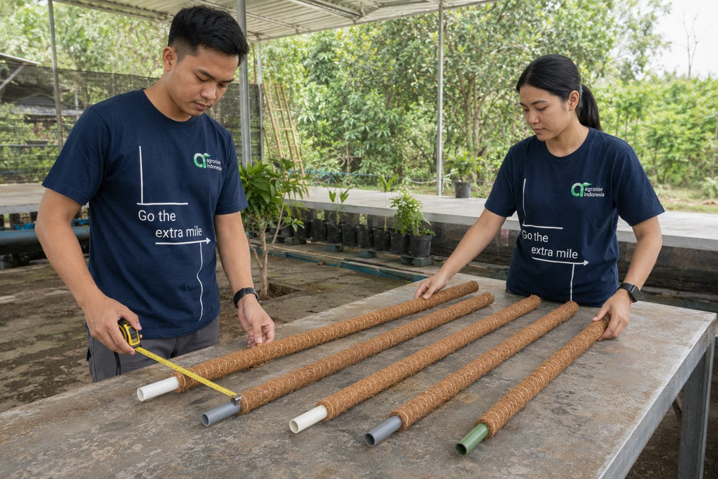 Finished coir moss poles laid out on a bench while an Agrorise Indonesia team member checks a length against a tape.