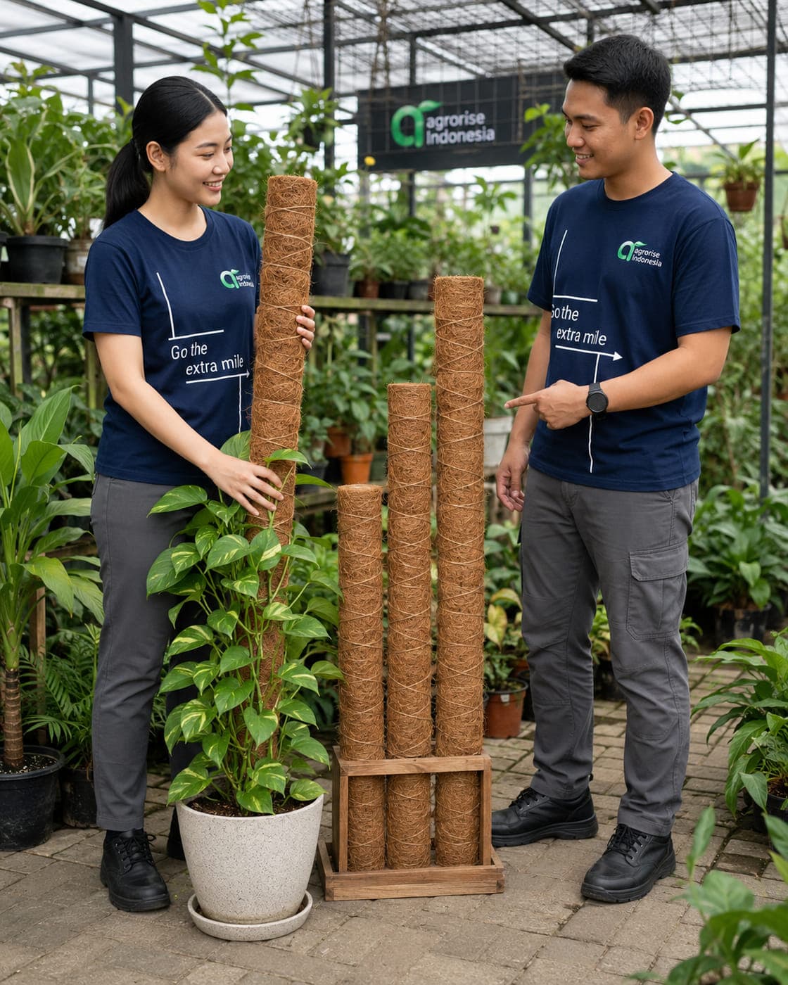 Agrorise Indonesia team members standing beside three coir moss poles next to a planted white pot.