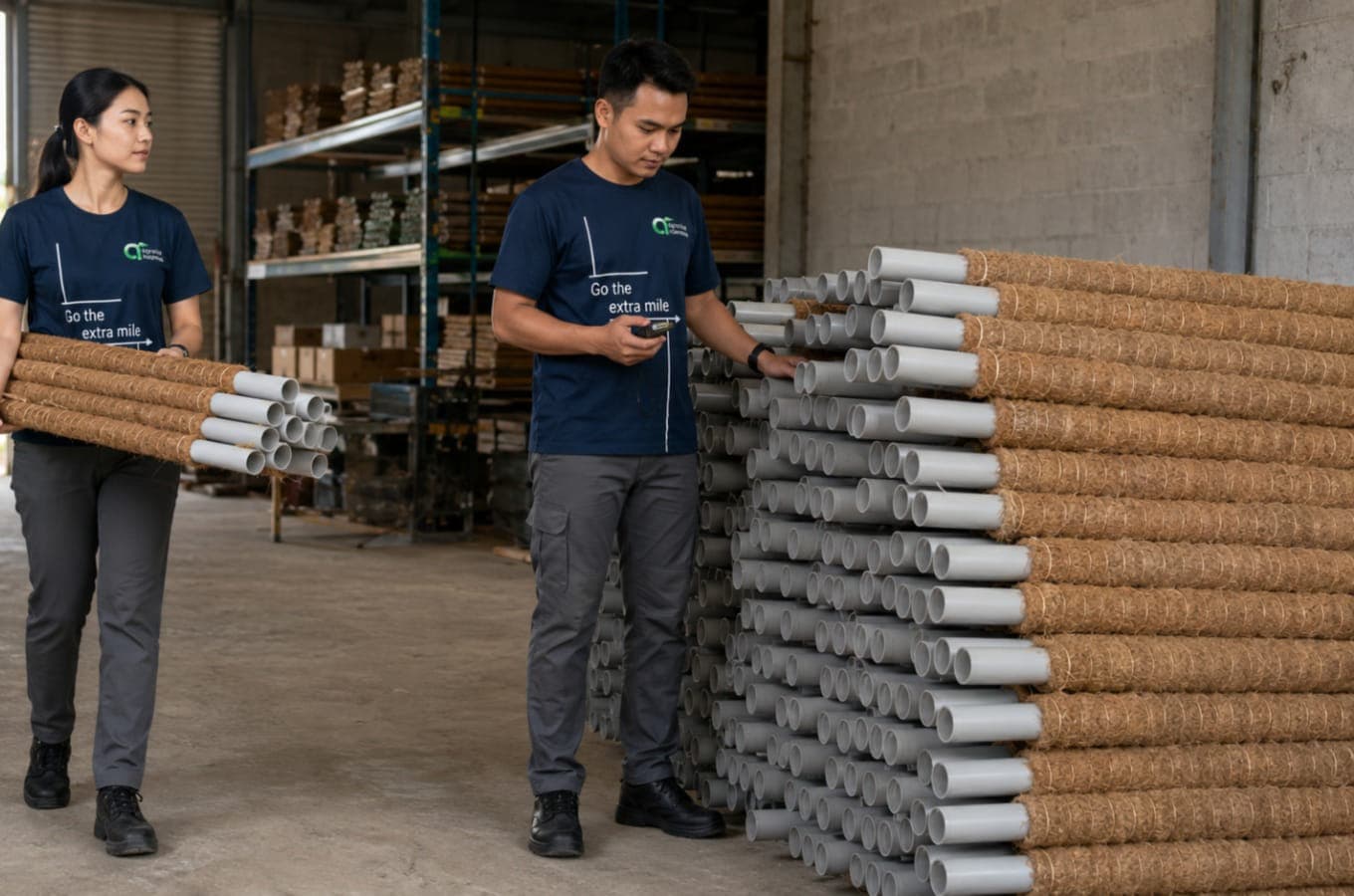 Agrorise Indonesia team members beside a large stack of finished coir moss poles in a workshop.
