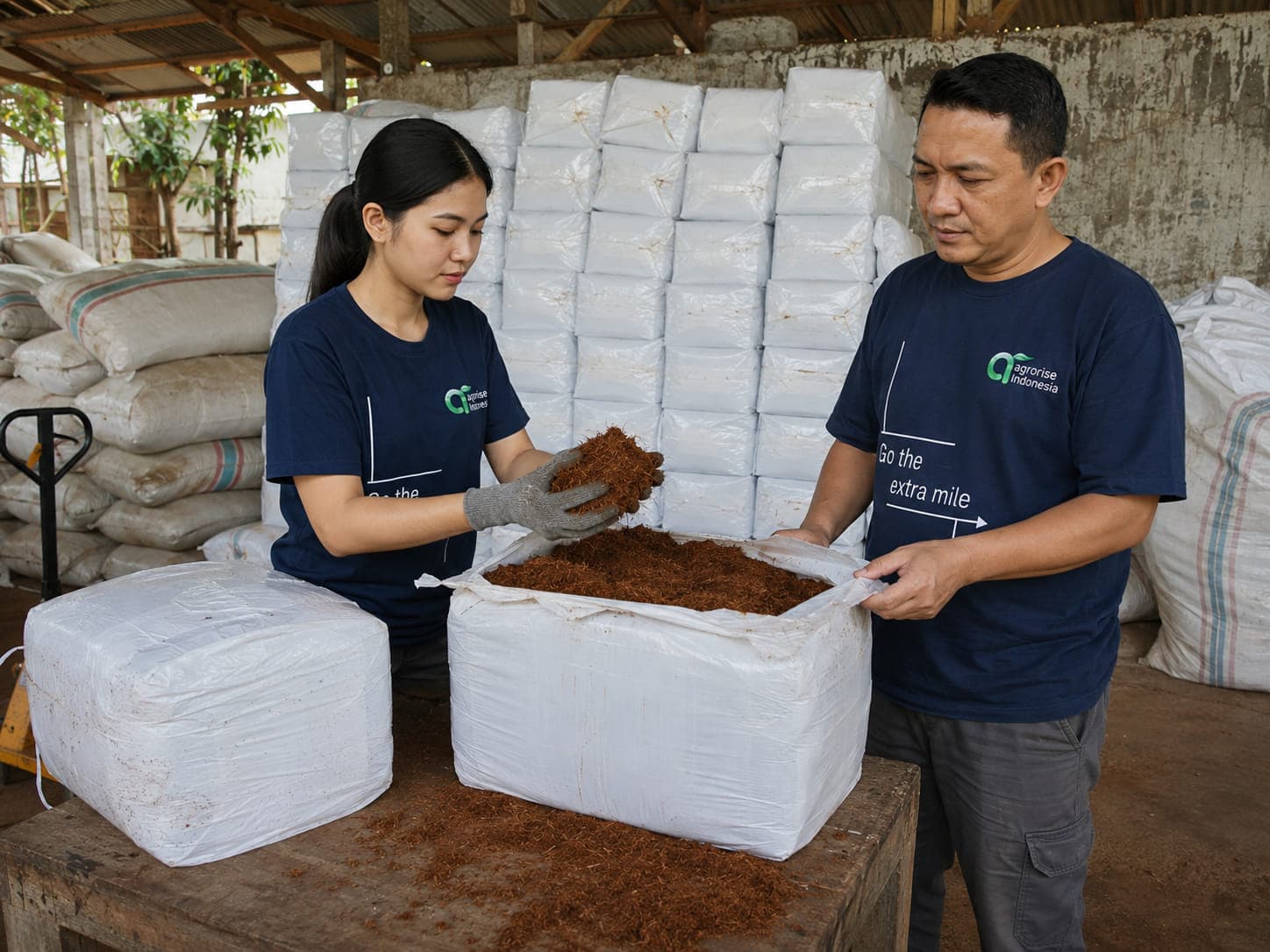 أفراد من فريق Agrorise Indonesia يفحصون كوكوبيت مغسولاً سائباً في كيس منسوج مفتوح، وخلفهم أكياس معبأة مرصوصة.