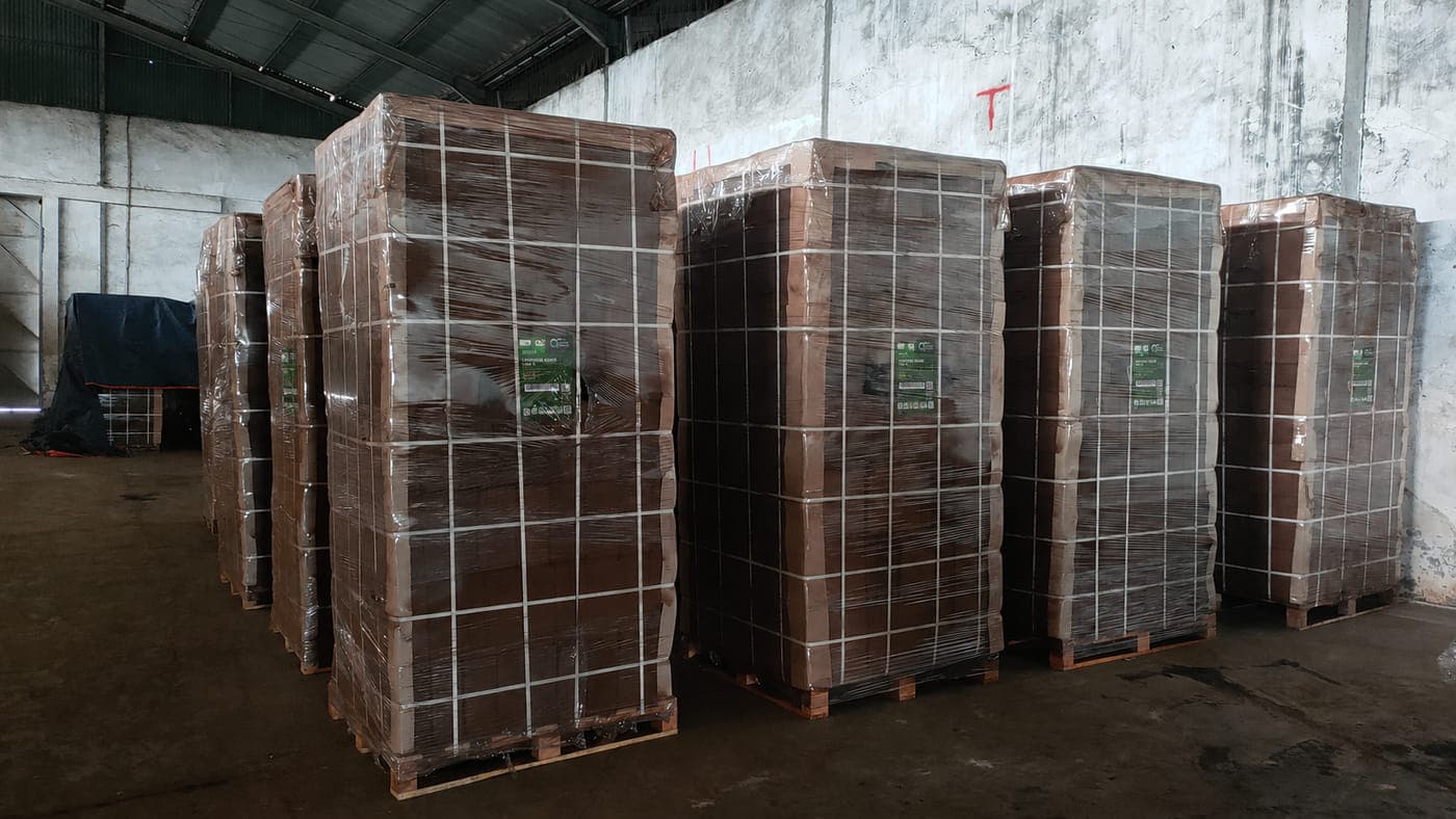 منصات مربوطة بأحزمة تحمل قوالب كوكوبيت وعليها علامات منتج Agrorise Indonesia الخضراء.