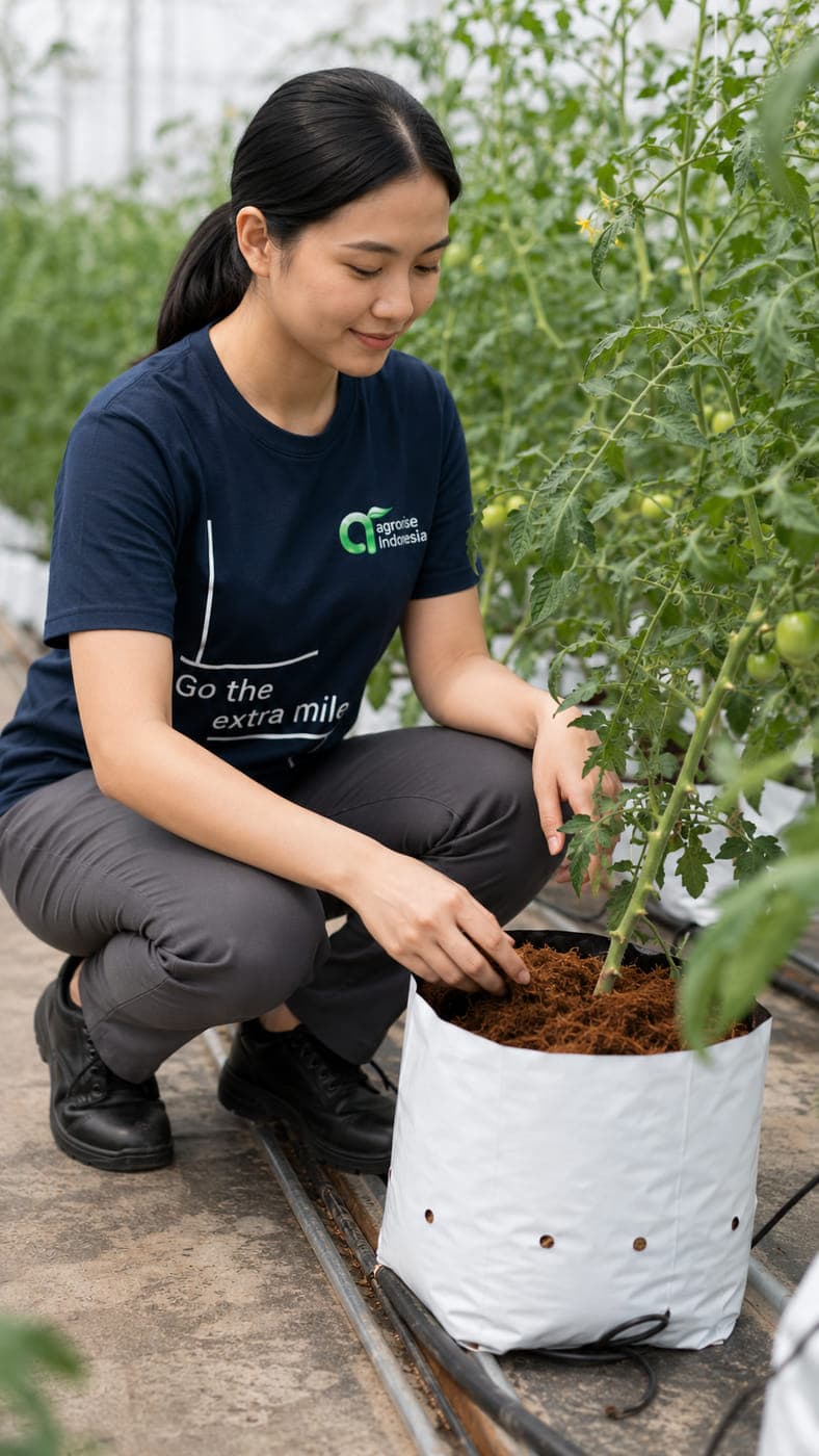 Agrorise Indonesia team member planting into a white grow bag of coconut based growing medium in a greenhouse.
