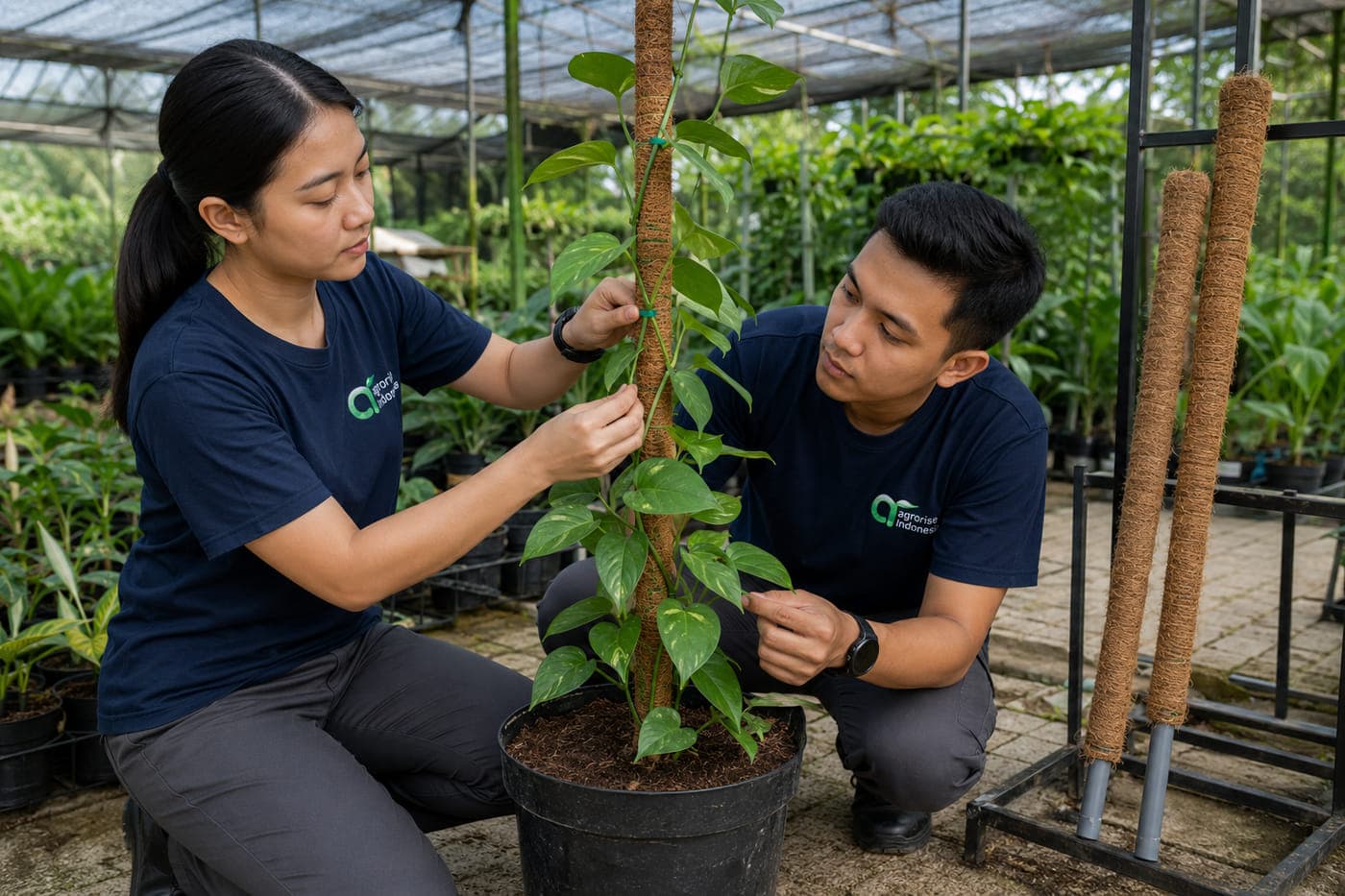 Two Agrorise Indonesia team members fitting a coir moss pole to a potted climbing plant in a nursery.