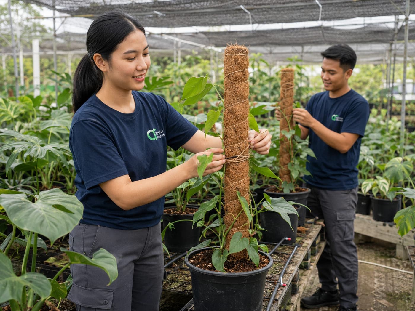 Agrorise Indonesia team member training a large leaved climbing plant up a tall coir moss pole.
