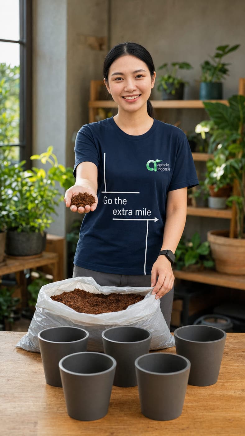 Agrorise Indonesia team member holding a handful of cocopeat above empty nursery pots, with an opened bag of cocopeat on the bench.