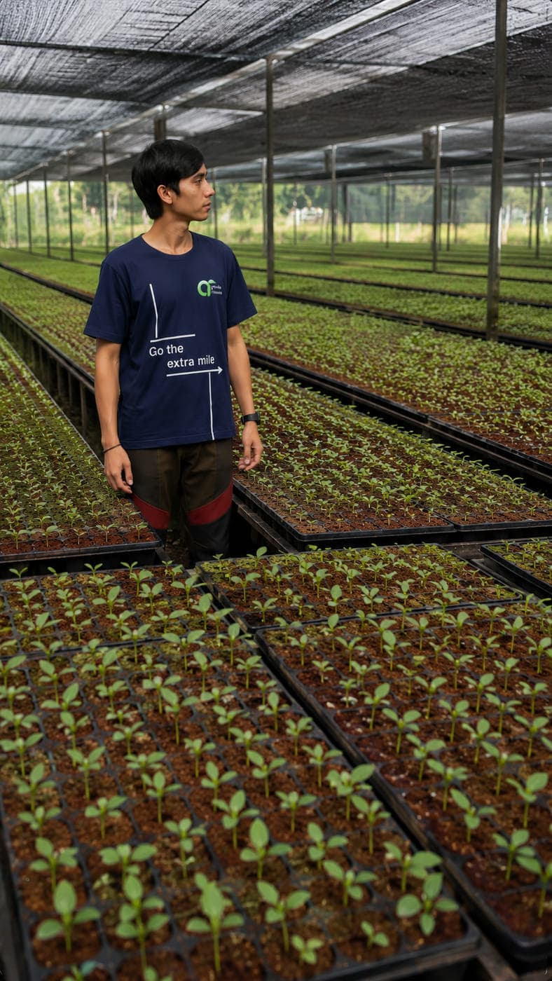 Agrorise Indonesia team member walking between long propagation beds of young seedlings under a shade net.