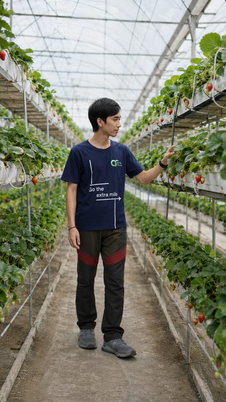 Agrorise Indonesia team member walking between raised rows of strawberry plants growing in coconut based medium.