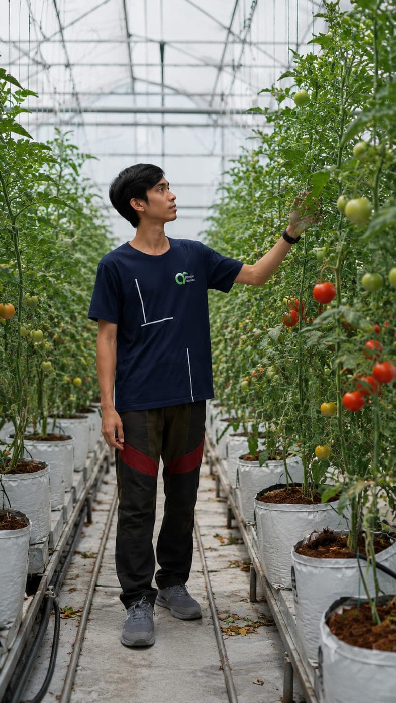 Agrorise Indonesia team member inspecting tomato trusses in a greenhouse row planted in coconut based medium.